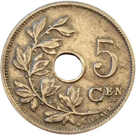Монета 5 сантимов. 1914 год, Бельгия. (Belgie) 
