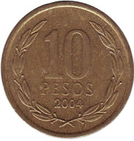 Монета 10 песо. 2004 год, Чили. Бернардо О’Хиггинс. Монета 10 песо. 2004 год, Чили. Бернардо О’Хиггинс.