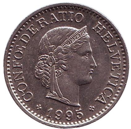 Монета 10 раппенов. 1995 год, Швейцария. Монета 10 раппенов. 1995 год, Швейцария.