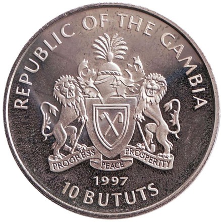 Монета 10 бутутов. 1997 год, Гамбия. Защита морской среды. Монета 10 бутутов. 1997 год, Гамбия. Защита морской среды.