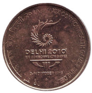 Монета 5 рупий. 2010 год, Индия. XIX Азиатские игры в Дели. ("♦" - Мумбаи). Монета 5 рупий. 2010 год, Индия. XIX Азиатские игры в Дели. ("♦" - Мумбаи).