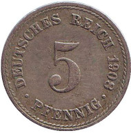 Монета 5 пфеннигов. 1908 год (A), Германская империя. Монета 5 пфеннигов. 1908 год (A), Германская империя.