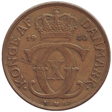 Монета 2 кроны. 1940 год, Дания. Кристиан X. Монета 2 кроны. 1940 год, Дания. Кристиан X.