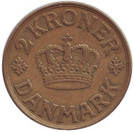 Монета 2 кроны. 1940 год, Дания. Кристиан X. Монета 2 кроны. 1940 год, Дания. Кристиан X.