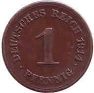 Монета 1 пфенниг. 1914 год (E), Германская империя. Монета 1 пфенниг. 1914 год (E), Германская империя.