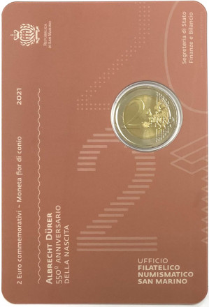 Монета 2 евро. 2021 год, Сан-Марино. 450 лет со дня рождения Альбрехта Дюрера. Монета 2 евро. 2021 год, Сан-Марино. 450 лет со дня рождения Альбрехта Дюрера.