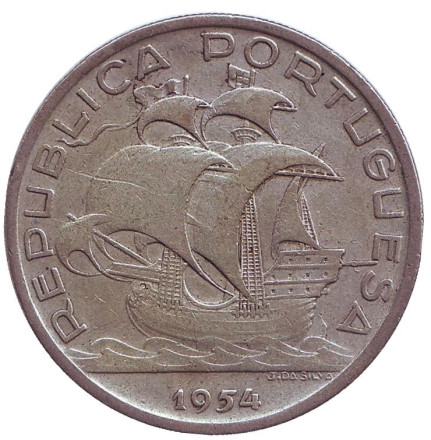 Монета 10 эскудо. 1954 год, Португалия. Парусник.