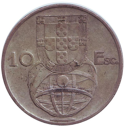 Монета 10 эскудо. 1954 год, Португалия. Парусник. Монета 10 эскудо. 1954 год, Португалия. Парусник.