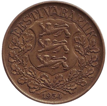 Монета 1 крона. 1934 год, Эстония. №2 Корабль викингов.