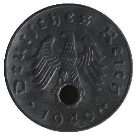 Монета 5 рейхспфеннигов. 1940 год, Германия (Третий Рейх). (B). Монета 5 рейхспфеннигов. 1940 год, Германия (Третий Рейх). (B).