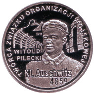 Монета 10 злотых. 2010 год, Польша. 65 лет освобождения концлагеря Аушвиц-Биркенау. Монета 10 злотых. 2010 год, Польша. 65 лет освобождения концлагеря Аушвиц-Биркенау.