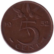Монета 5 центов. 1952 год, Нидерланды. Монета 5 центов. 1952 год, Нидерланды.