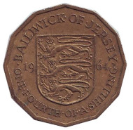 Монета 1/4 шиллинга. 1964 год, Джерси. Монета 1/4 шиллинга. 1964 год, Джерси.
