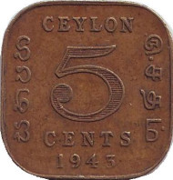 Монета 5 центов. 1943 год, Цейлон. Монета 5 центов. 1943 год, Цейлон.