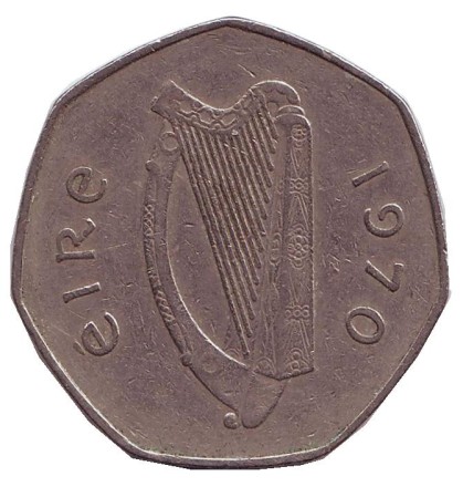 Монета 50 пенсов. 1970 год, Ирландия. Вальдшнеп (Лесной кулик).