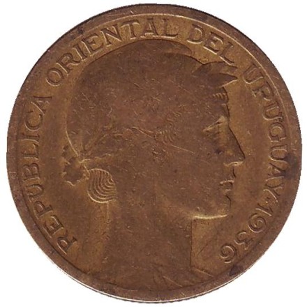 Монета 10 сентесимо. 1936 год, Уругвай. Пума.