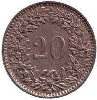 Монета 20 раппенов. 1939 год, Швейцария. Монета 20 раппенов. 1939 год, Швейцария.