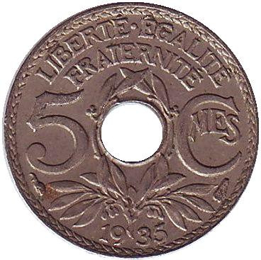 Монета 5 сантимов. 1935 год, Франция.