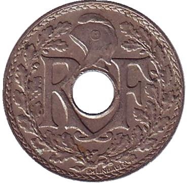 Монета 5 сантимов. 1935 год, Франция.