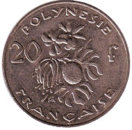Монета 20 франков. 2009 год, Французская Полинезия. Плод хлебного дерева, стручки ванили.