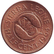 Монета 1/2 цента. 1964 год, Сьерра-Леоне. UNC. Рыбки. Монета 1/2 цента. 1964 год, Сьерра-Леоне. UNC. Рыбки.