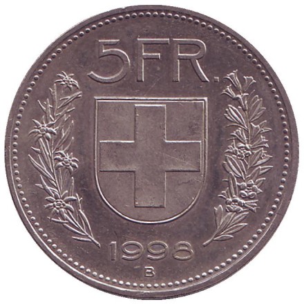 Монета 5 франков. 1998 год, Швейцария. Вильгельм Телль. Монета 5 франков. 1998 год, Швейцария. Вильгельм Телль.