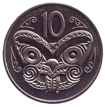 Монета 10 центов. 1986 год, Новая Зеландия. BU. Маска маори.