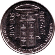 Монета 2 песо. 2010 год, Аргентина. 75-я годовщина создания Центрального банка республики Аргентина. Монета 2 песо. 2010 год, Аргентина. 75-я годовщина создания Центрального банка республики Аргентина.