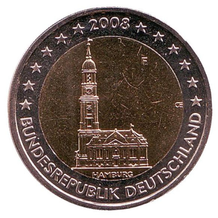 Монета 2 евро. 2008 год (F), Германия. (Старая карта на реверсе). Гамбург.