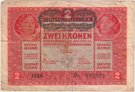 Банкнота 2 кроны. 1917 год, Австро-Венгрия. Выпуск 1919 года, с надпечаткой. Тип 50. Банкнота 2 кроны. 1917 год, Австро-Венгрия. Выпуск 1919 года, с надпечаткой. Тип 50.
