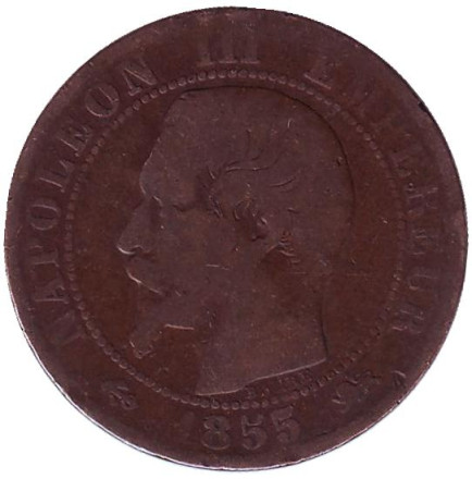 Монета 5 сантимов. 1855 год (D), Франция. Наполеон III.