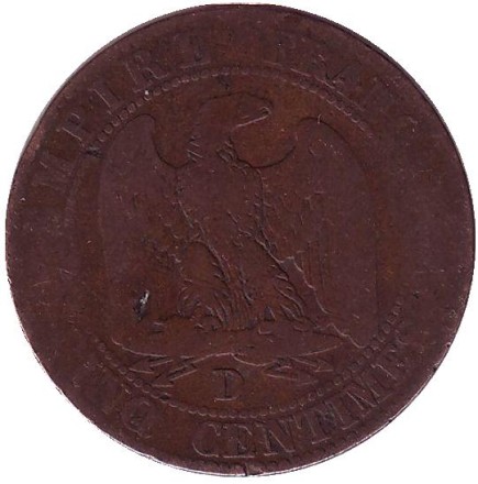 Монета 5 сантимов. 1855 год (D), Франция. Наполеон III.