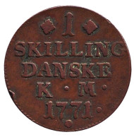 Монета 1 скиллинг. 1771 год, Дания. (Без ошибки в слове "DANSKE") Монета 1 скиллинг. 1771 год, Дания. (Без ошибки в слове "DANSKE")