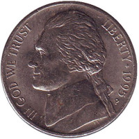 Джефферсон. Монтичелло. Монета 5 центов. 1995 год (P), США.