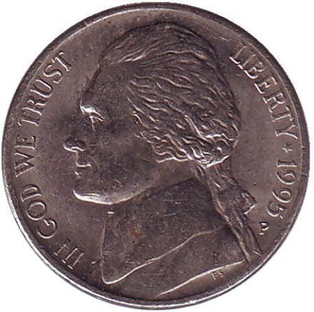 Монета 5 центов. 1995 год (P), США. Джефферсон. Монтичелло.