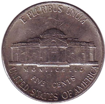 Монета 5 центов. 1995 год (P), США. Джефферсон. Монтичелло.