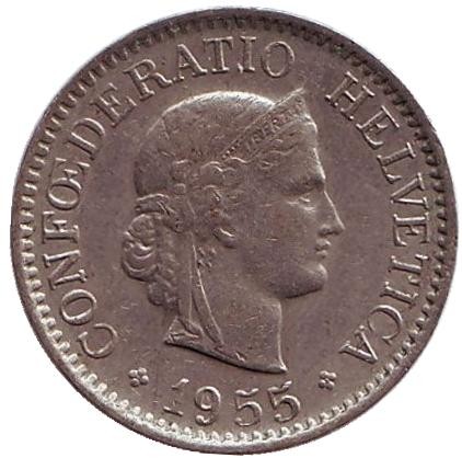 Монета 10 раппенов. 1955 год, Швейцария. Монета 10 раппенов. 1955 год, Швейцария.