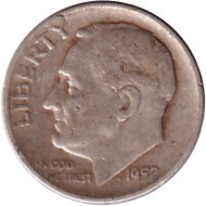 Монета 10 центов. 1952 год, США. (Отметка монетного двора: "S") Рузвельт. Монета 10 центов. 1952 год, США. (Отметка монетного двора: "S") Рузвельт.