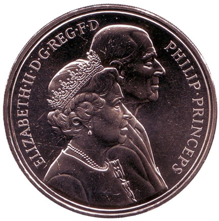 Монета 5 фунтов. 1997 год, Великобритания. Золотая свадьба Королевы.