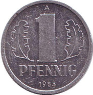 Монета 1 пфенниг. 1983 год (А), ГДР. Монета 1 пфенниг. 1983 год (А), ГДР.