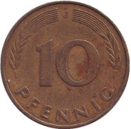 Монета 10 пфеннигов. 1975 год (J), ФРГ. Дубовые листья. Монета 10 пфеннигов. 1975 год (J), ФРГ. Дубовые листья.