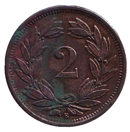 Монета 2 раппена. 1879 год, Швейцария.