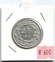 Монета 2 франка. 1941 год, Швейцария. Гельвеция.