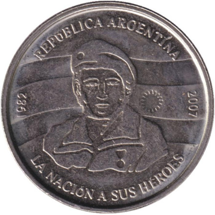 Монета 2 песо. 2007 год, Аргентина. 25 лет оккупации Фолклендских островов.