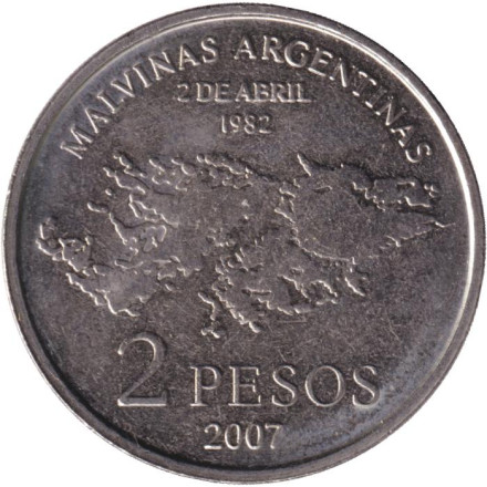 Монета 2 песо. 2007 год, Аргентина. 25 лет оккупации Фолклендских островов. Монета 2 песо. 2007 год, Аргентина. 25 лет оккупации Фолклендских островов.