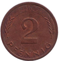 Монета 2 пфеннига. 1974 год (D), ФРГ. Дубовые листья. Монета 2 пфеннига. 1974 год (D), ФРГ. Дубовые листья.