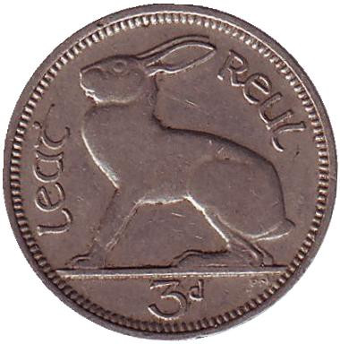 Монета 3 пенса. 1928 год, Ирландия. Заяц.