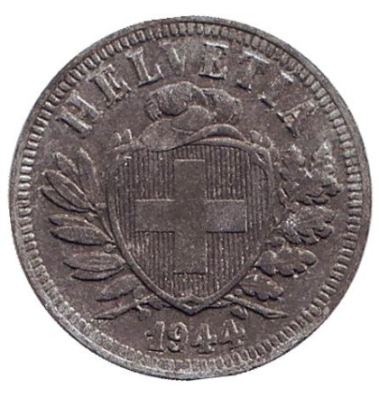 Монета 2 раппена. 1944 год, Швейцария. Монета 2 раппена. 1944 год, Швейцария.