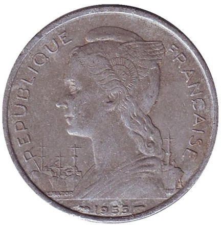 Монета 5 франков. 1955 год, Реюньон. Монета 5 франков. 1955 год, Реюньон.