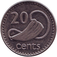 Культовый атрибут Tabua (зуб кита) на плетеном шнурке. Монета 20 центов. 1999 год, Фиджи.